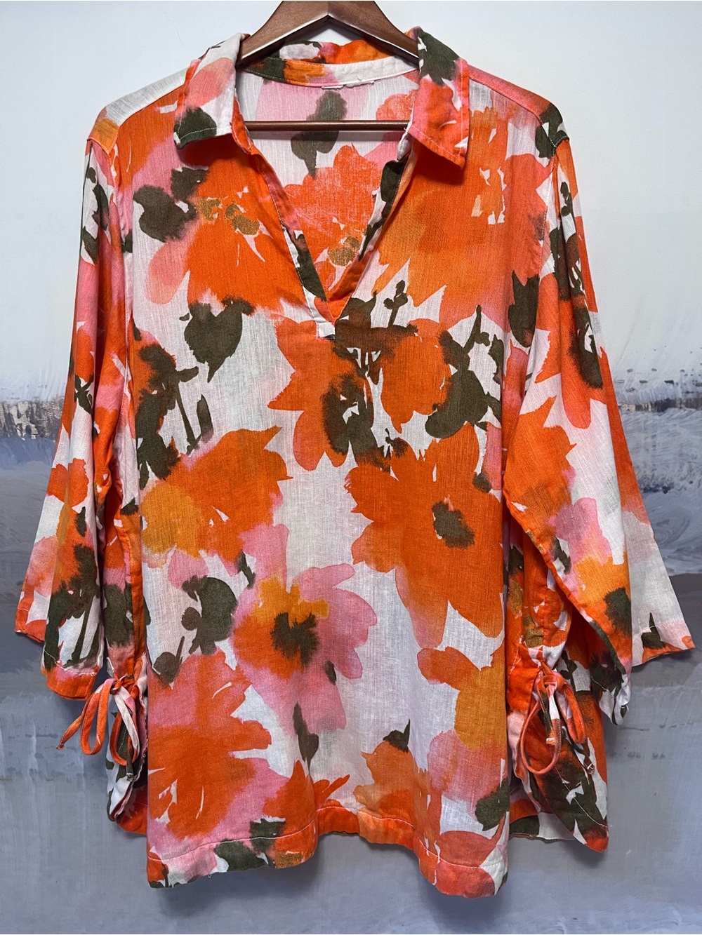 JOIE Linen Popover Tunic Top Tropical Floral Blouse Size 3X Orange Multicolor
